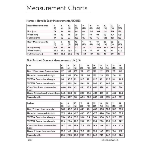 Homer and Howells Blair blazer size chart