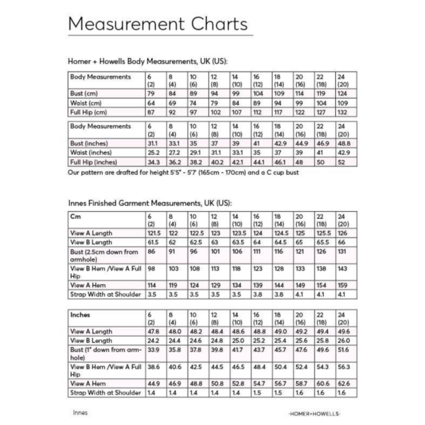 Homer and Howells Innes size chart