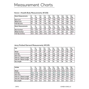 Jenny skirt by Homer and Howells measurement chart