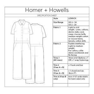 Homer and Howells Lenox Jumpsuit spec sheet