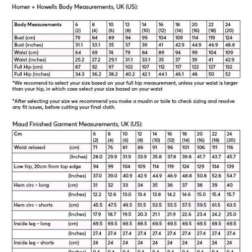 Homer and Howells Maud Trousers Measurement Chart