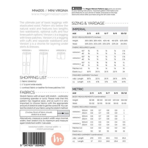 Megan Nielsen Mini Virginia leggings size chart