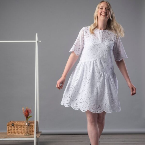 Ingrid dress pattern white version in broderie
