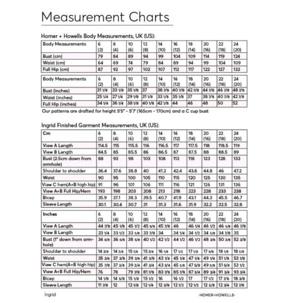 Ingrid dress pattern size chart