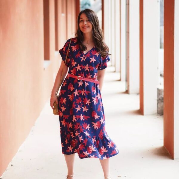 lenaline patterns sofia dress sewing pattern in blue floral print