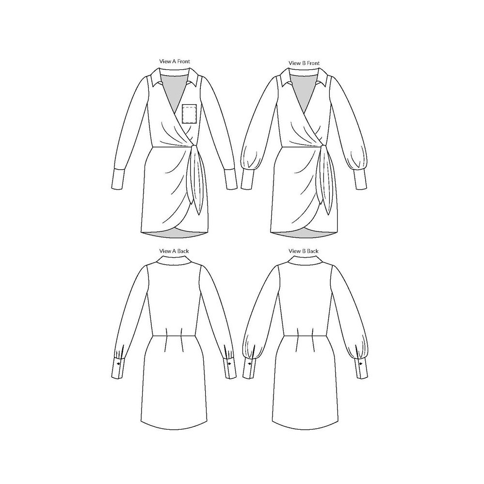 Set of Wrap dress technical fashion illustration with deep Vneck short  sleeves knee mini length