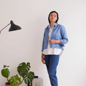 over shirt sewing pattern in blue denim fabric