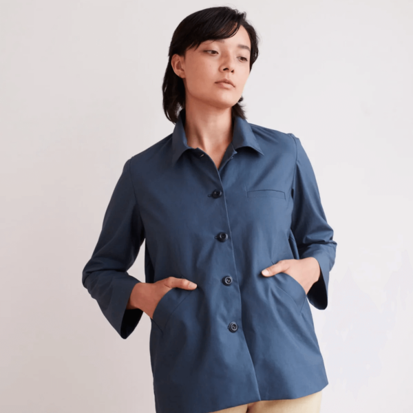potters jacket sewing pattern front view in blue fabric
