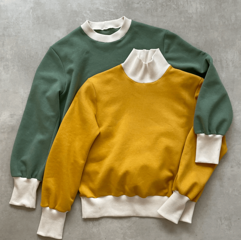 rib sweater sewing pattern in green and yellow options
