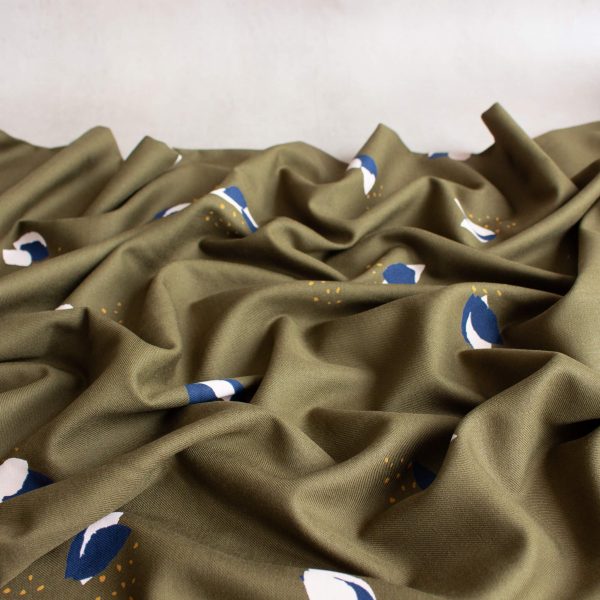 eglantine et zoe khaki twill fabric with abstract floral print