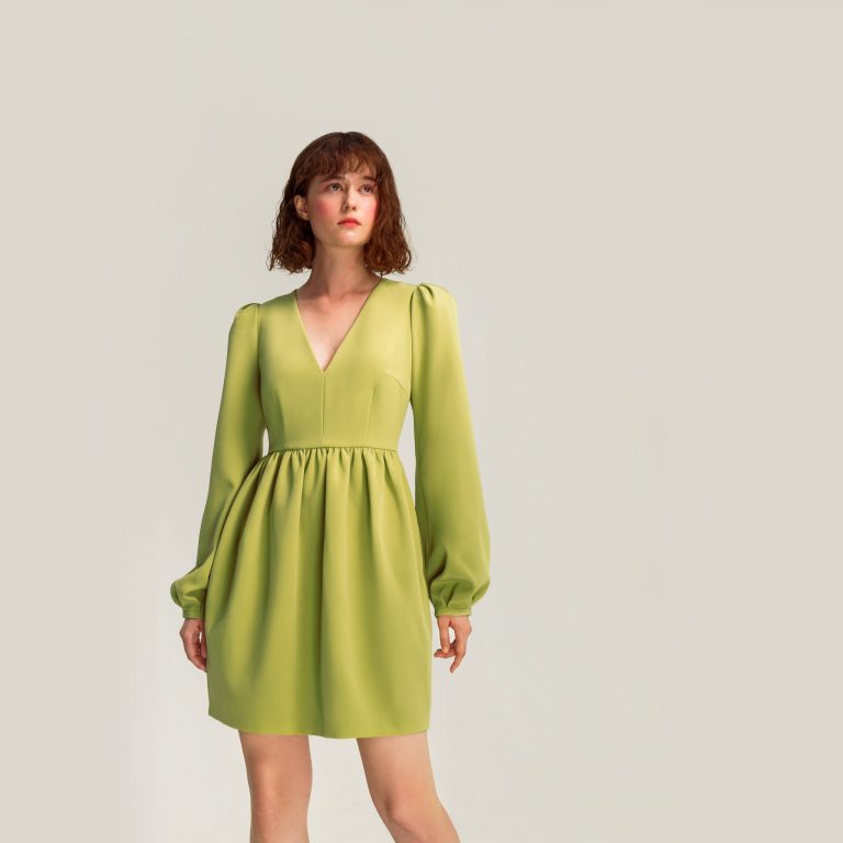 viki sews violet dress sewing pattern in bright neon green colour