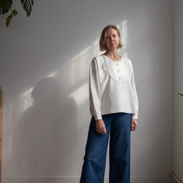 French smock shirt sewing pattern in white front view