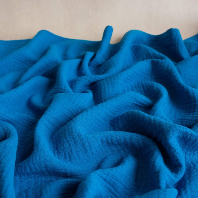 organic cotton double gauze fabric in cobalt blue