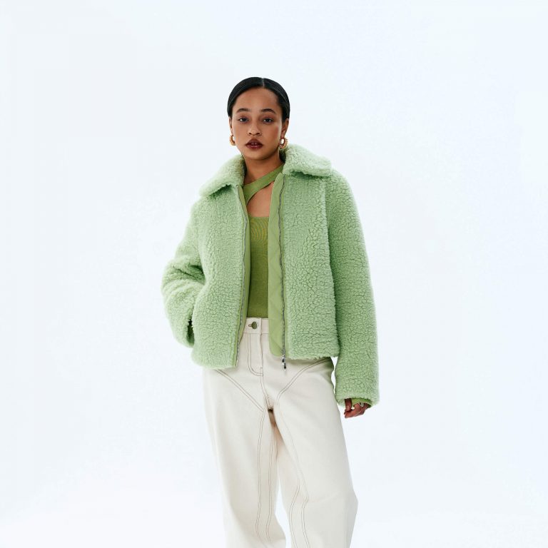 viki sews abbie zipped jacket sewing pattern front view in green fluffy fabric