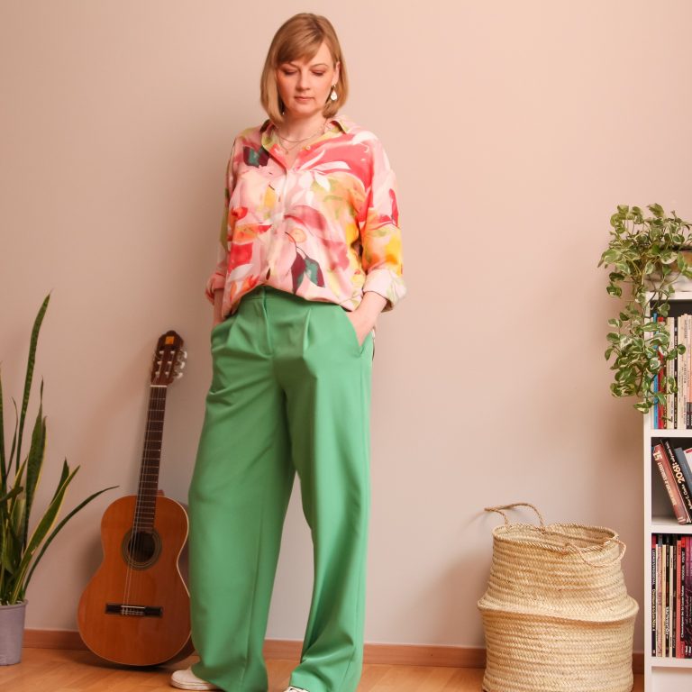 artur shirt sewing pattern by lenaline patterns in pink floral fabric