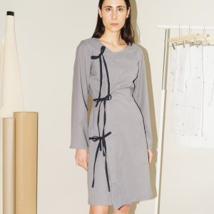puff and pencil cross over dress with long sleeves in grey