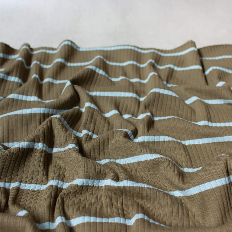 Yarn Dyed Cotton Rib Knit Fabric in Army Green Stripe