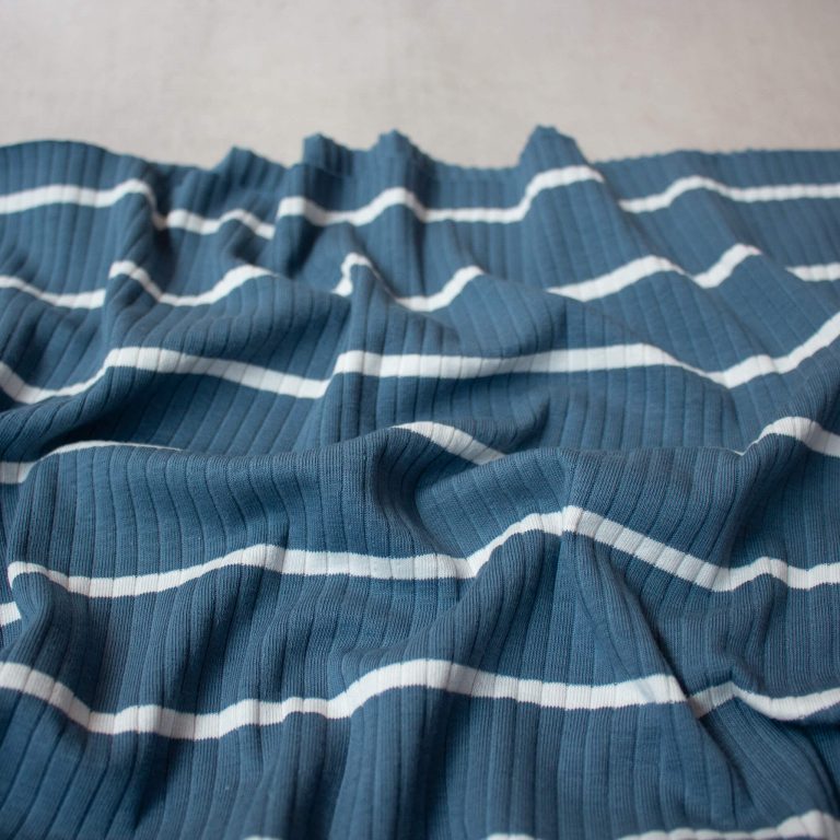Yarn Dyed Cotton Rib Knit Fabric in Denim Blue Stripe