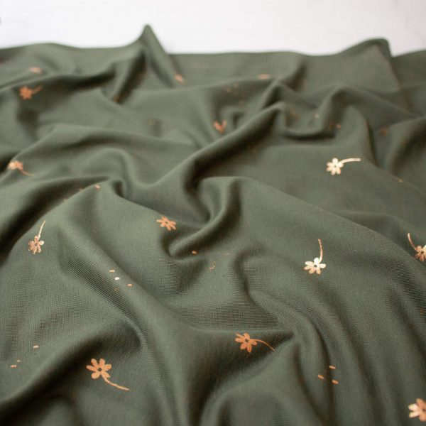 Cotton Jersey Fabric with Golden Flowers in Olive Green
