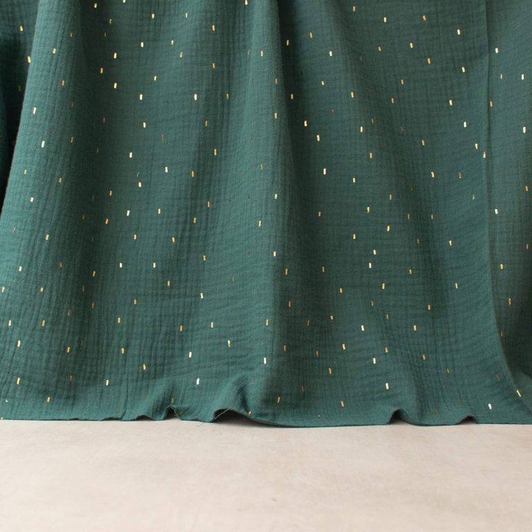 teal green cotton double gauze fabric sparkles with gold foil speckles
