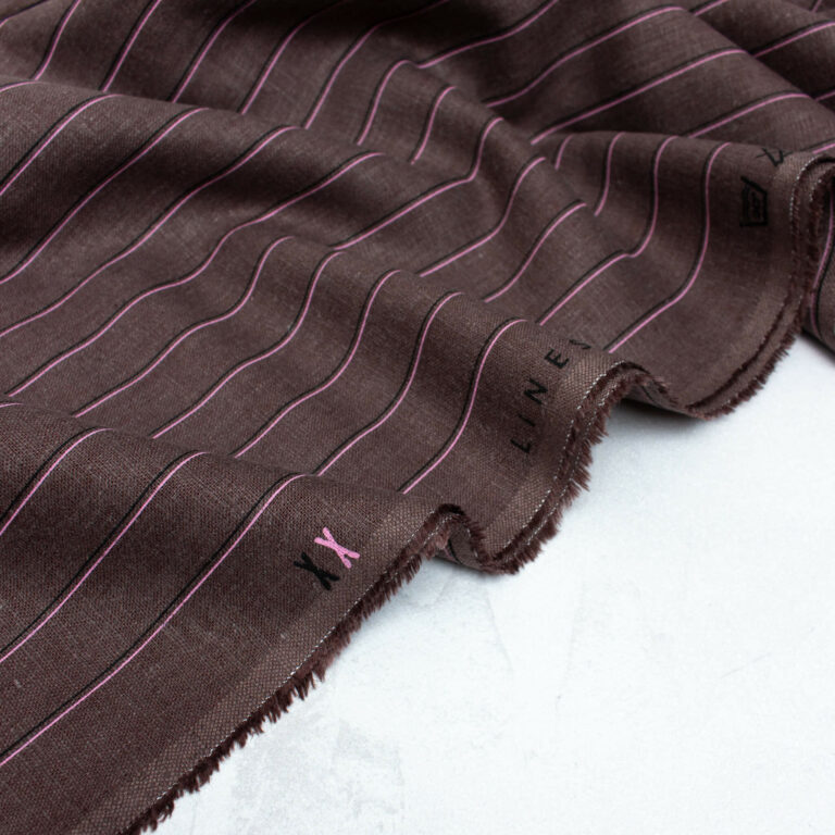 See You At Six Viscose Linen Fabric in Raisin Purple Stripes