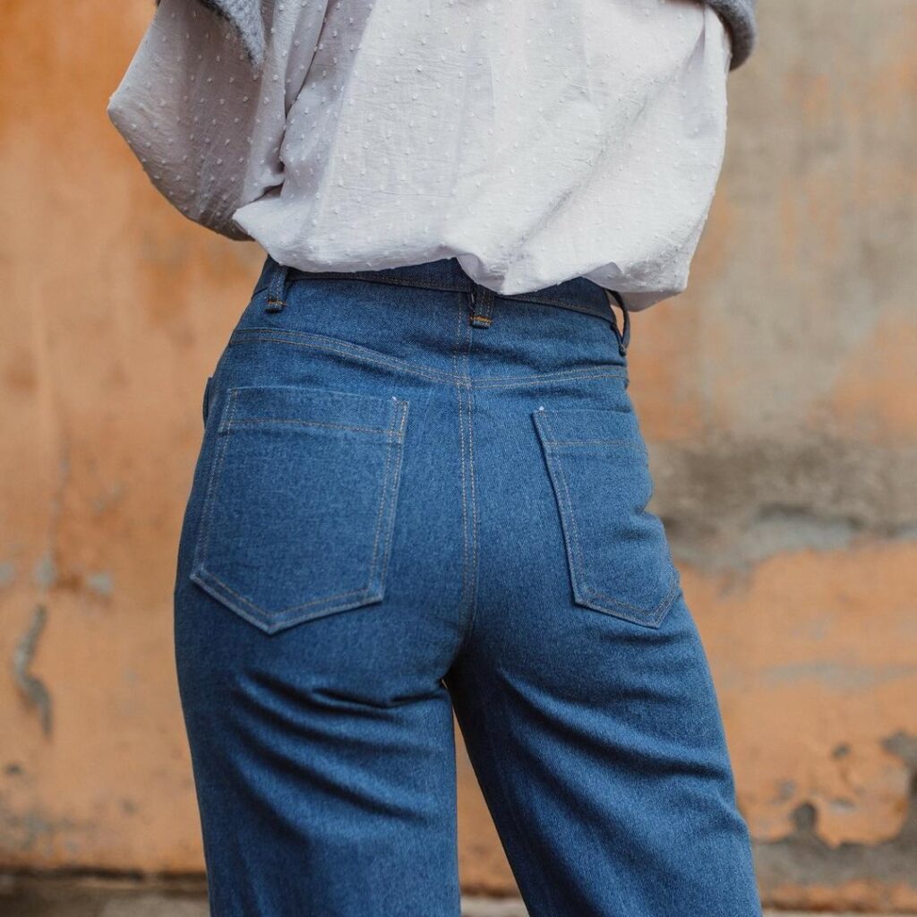 back view of heidi jeans sewing pattern in blue denim