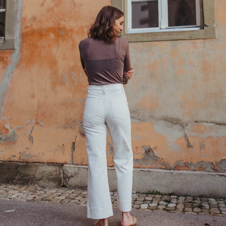 Jeans sewing pattern in white, back view