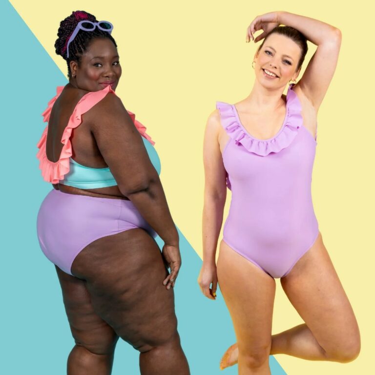 2 models posing in bikini and swimsuit