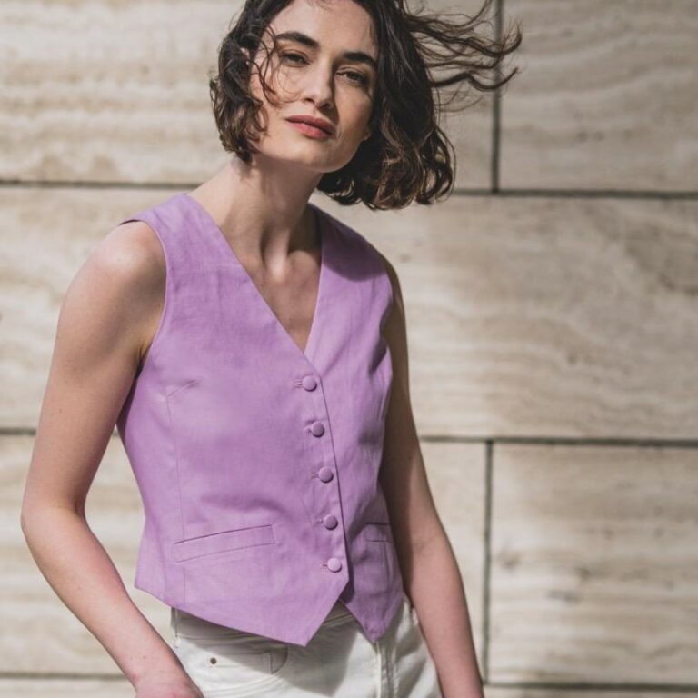 model wearing lilac waistcoat