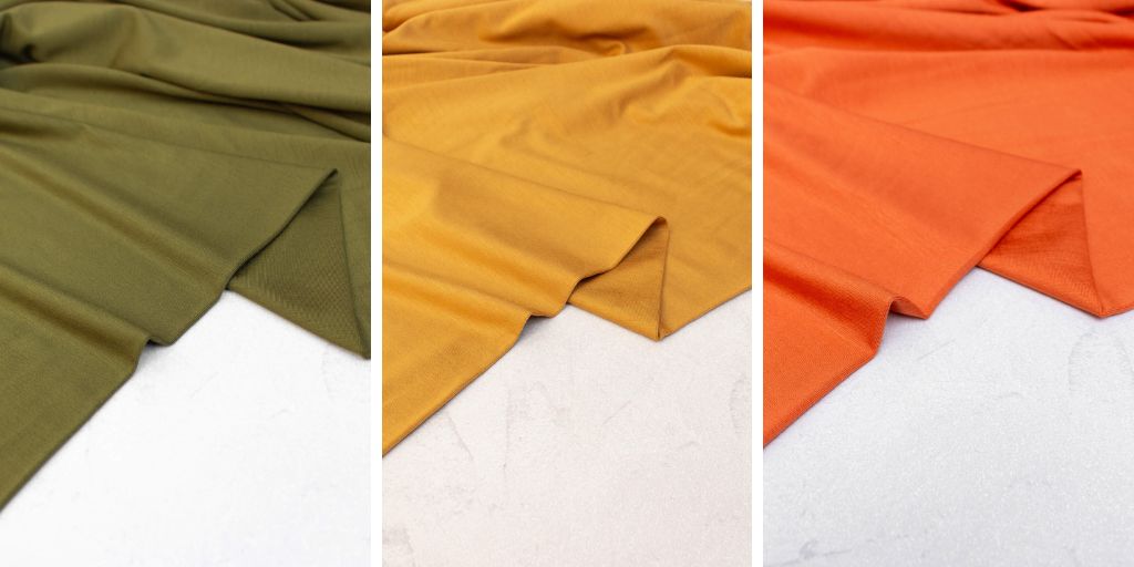 bamboo jersey fabric in olive, gold and clementine