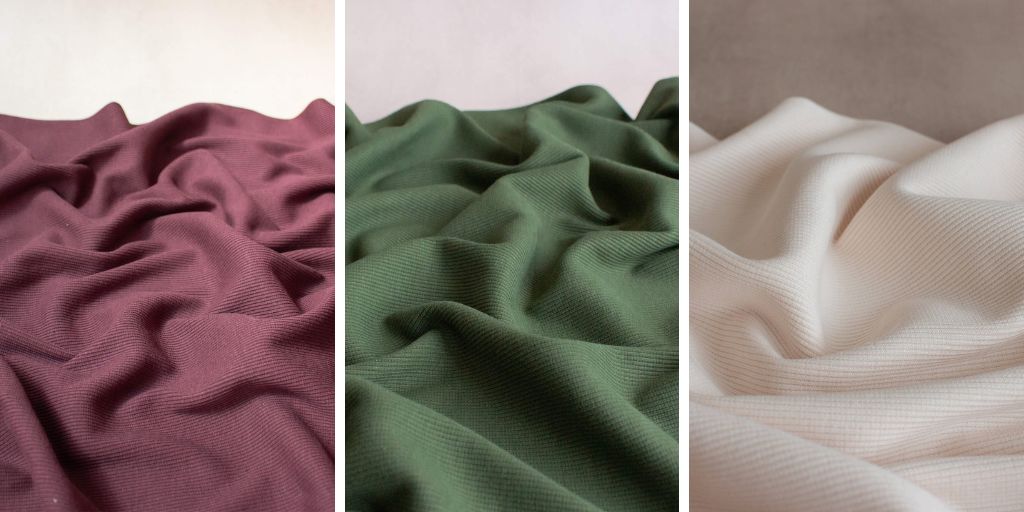 2x1 rib knit fabrics in grape, khaki and white