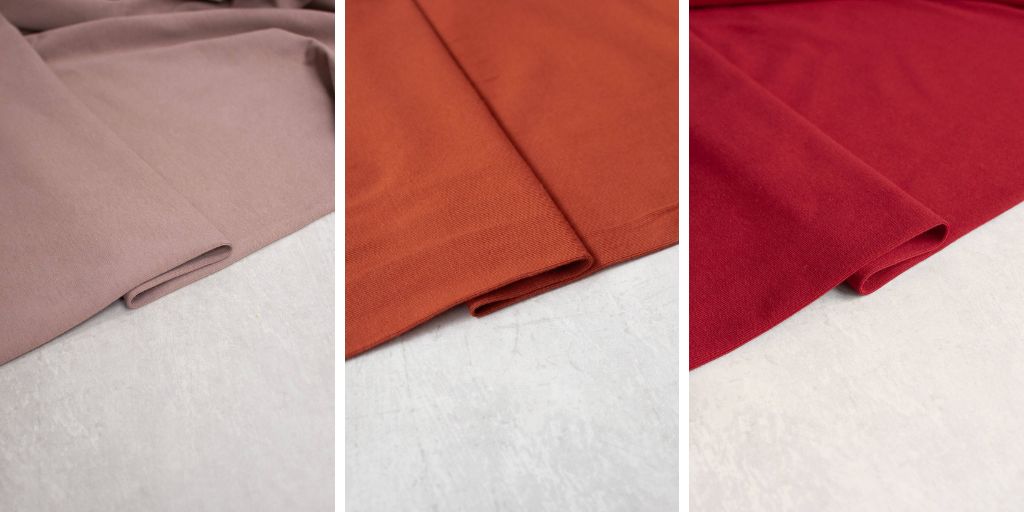 3 organic cotton jersey fabric in cocoa, rust and red