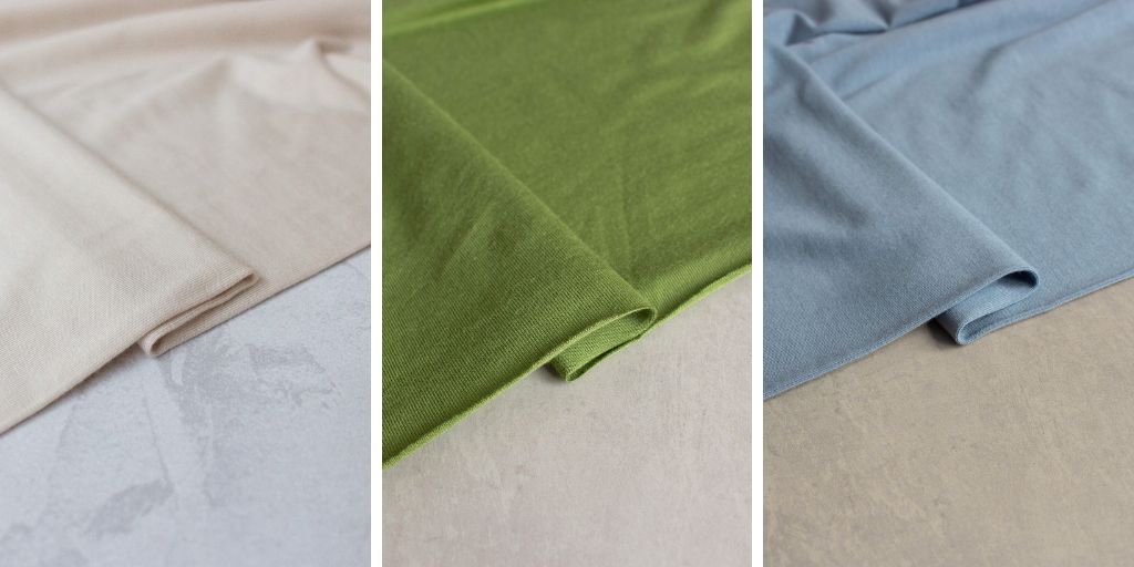 3 tencel jersey fabrics in white, moss green and blue