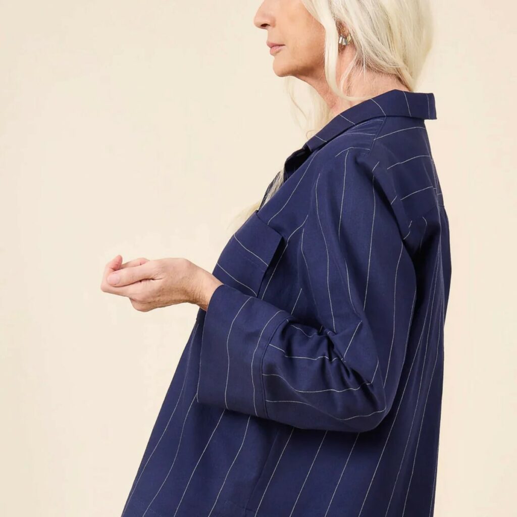 Fran pyjamas sewing pattern in blue, side view