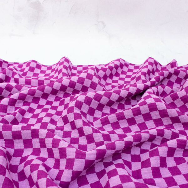 Double Sided Double Gauze Fabric in Mulberry Pink Checkers