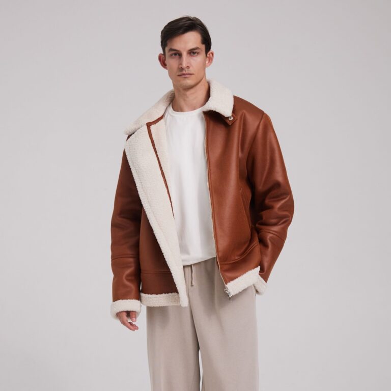 male model wearing tan leather jacket