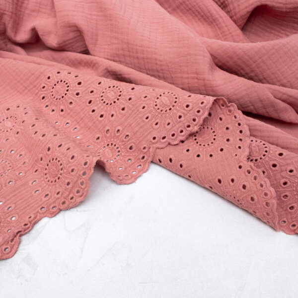 Broderie Double Gauze Fabric with Scalloped Edge in Rosewood