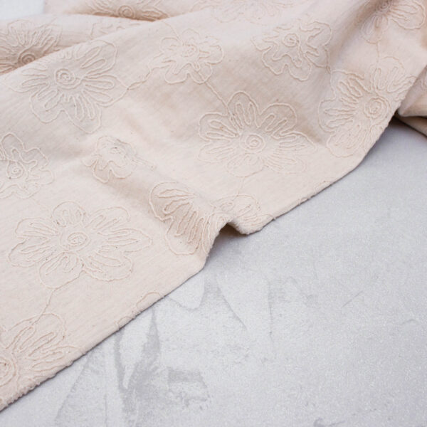 Embroidered Floral Double Gauze Fabric in Natural Ecru