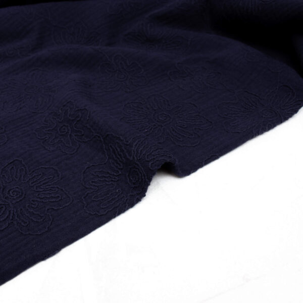 Embroidered Floral Double Gauze Fabric in Navy
