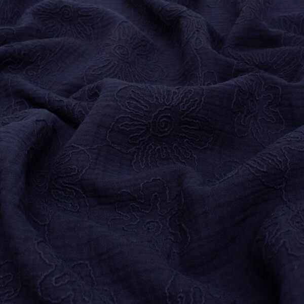 embroidered double gauze fabric in navy