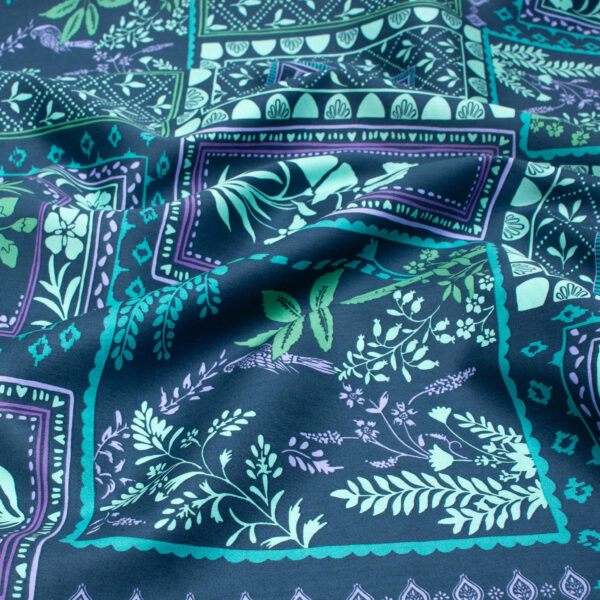 Floral Cotton Satin Fabric in Teal Patchwork