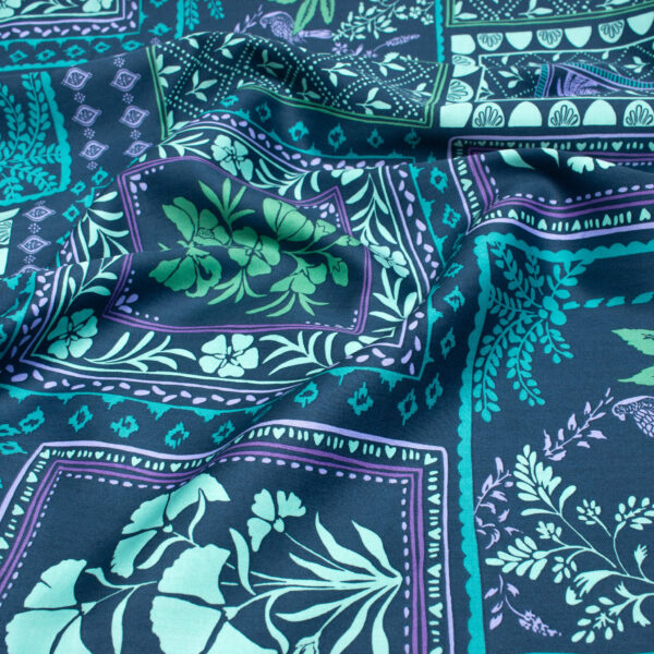 Floral Cotton Satin Fabric in Teal Patchwork