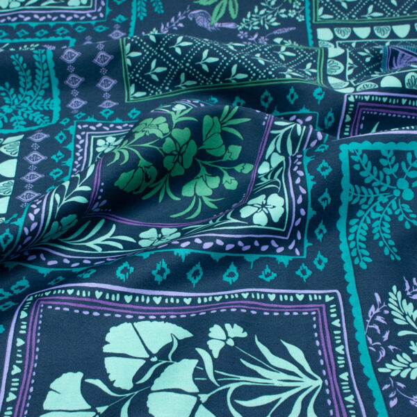 Floral Cotton Satin Fabric in Teal Patchwork