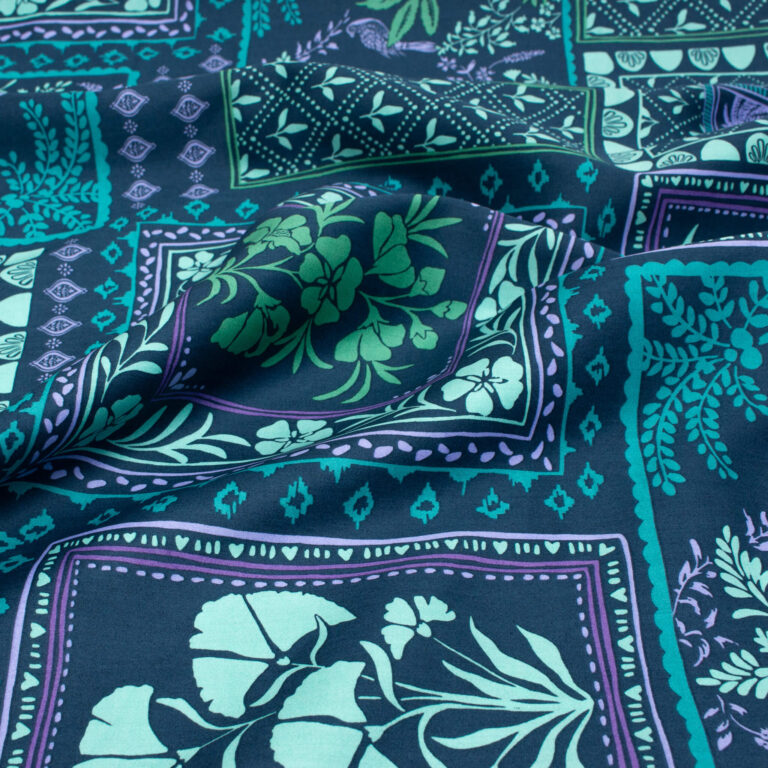 Floral Cotton Satin Fabric in Teal Patchwork