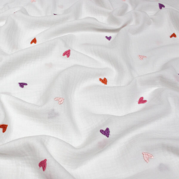 Double Gauze Fabric in White with Embroidered Hearts