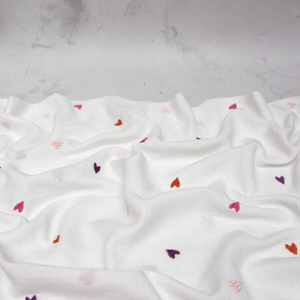 Double Gauze Fabric in White with Embroidered Hearts