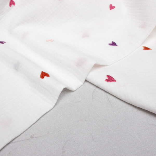 Double Gauze Fabric in White with Embroidered Hearts