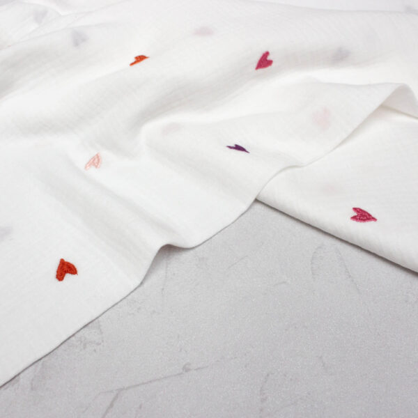 Double Gauze Fabric in White with Embroidered Hearts