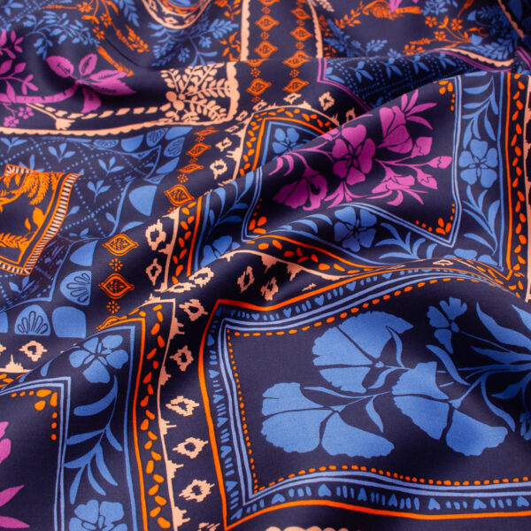 Floral Cotton Satin Fabric in Navy Patchwork