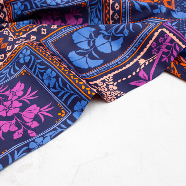 Floral Cotton Satin Fabric in Navy Patchwork